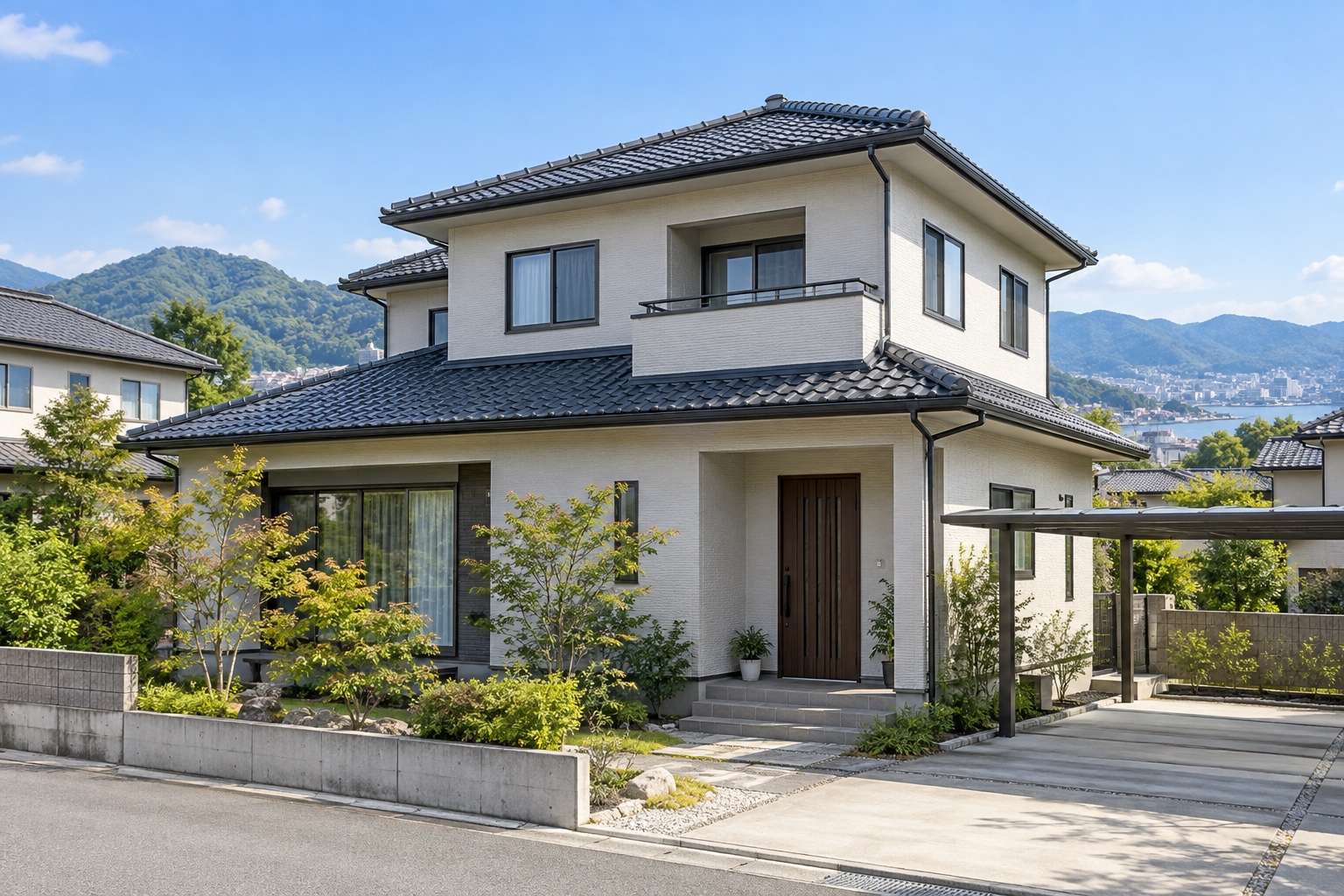 白い外壁と瓦屋根の戸建て住宅の外観イメージ
