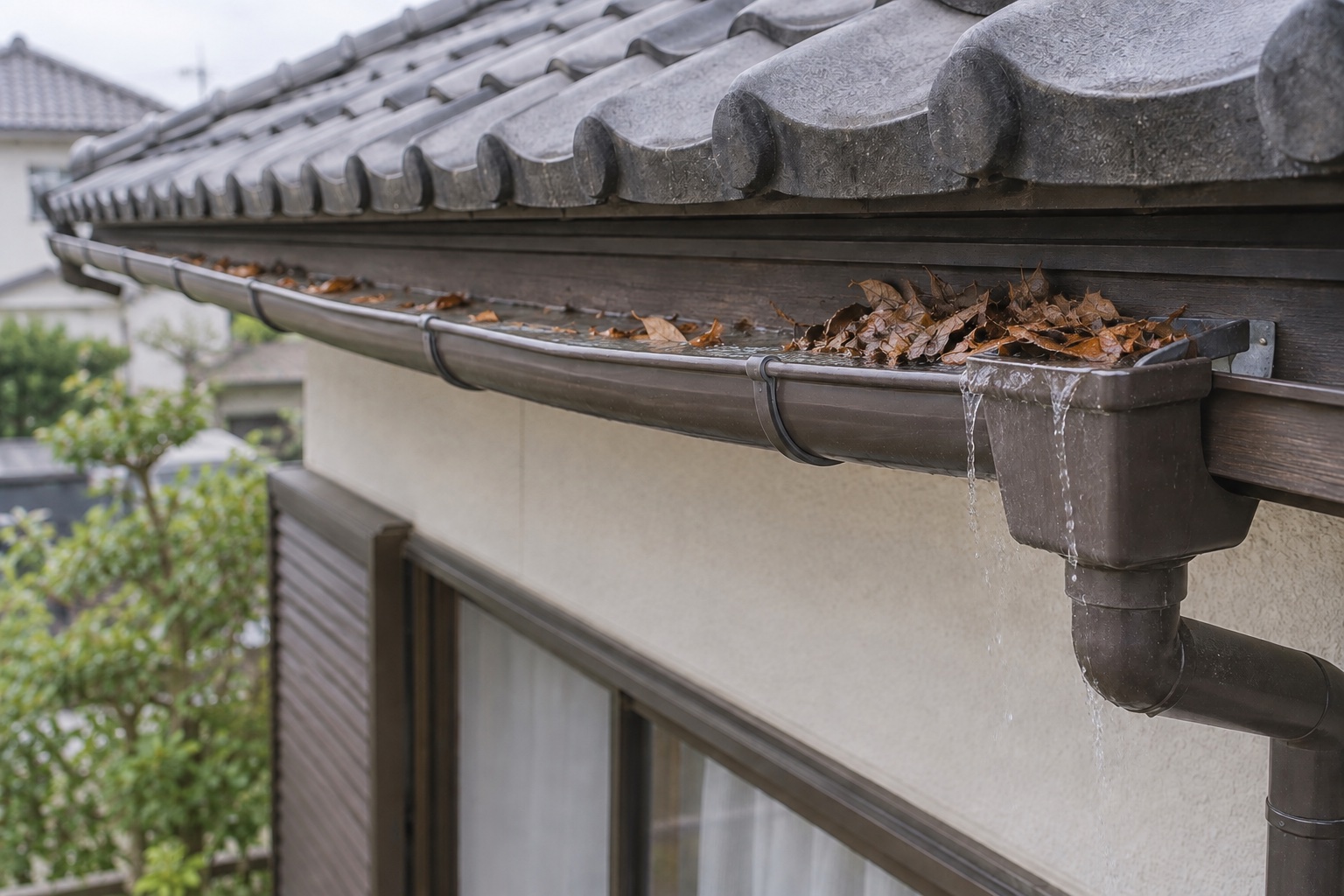 落ち葉がたまり、一部にたわみが見られる雨樋が進行した場合の説明用イメージ