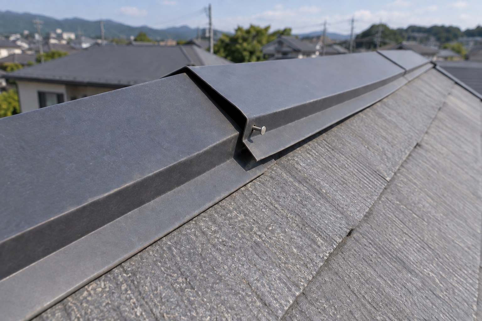 屋根の棟板金の端が浮いている状態が進行した場合の説明用イメージ